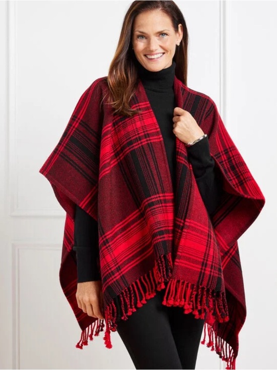Talbots Sweaters - Talbots Red and Black Plaid Wool Blend Poncho with Fringe One Size